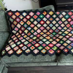 Granny Square Hand Made Crotchet Blanket Black/Colorful 58x36